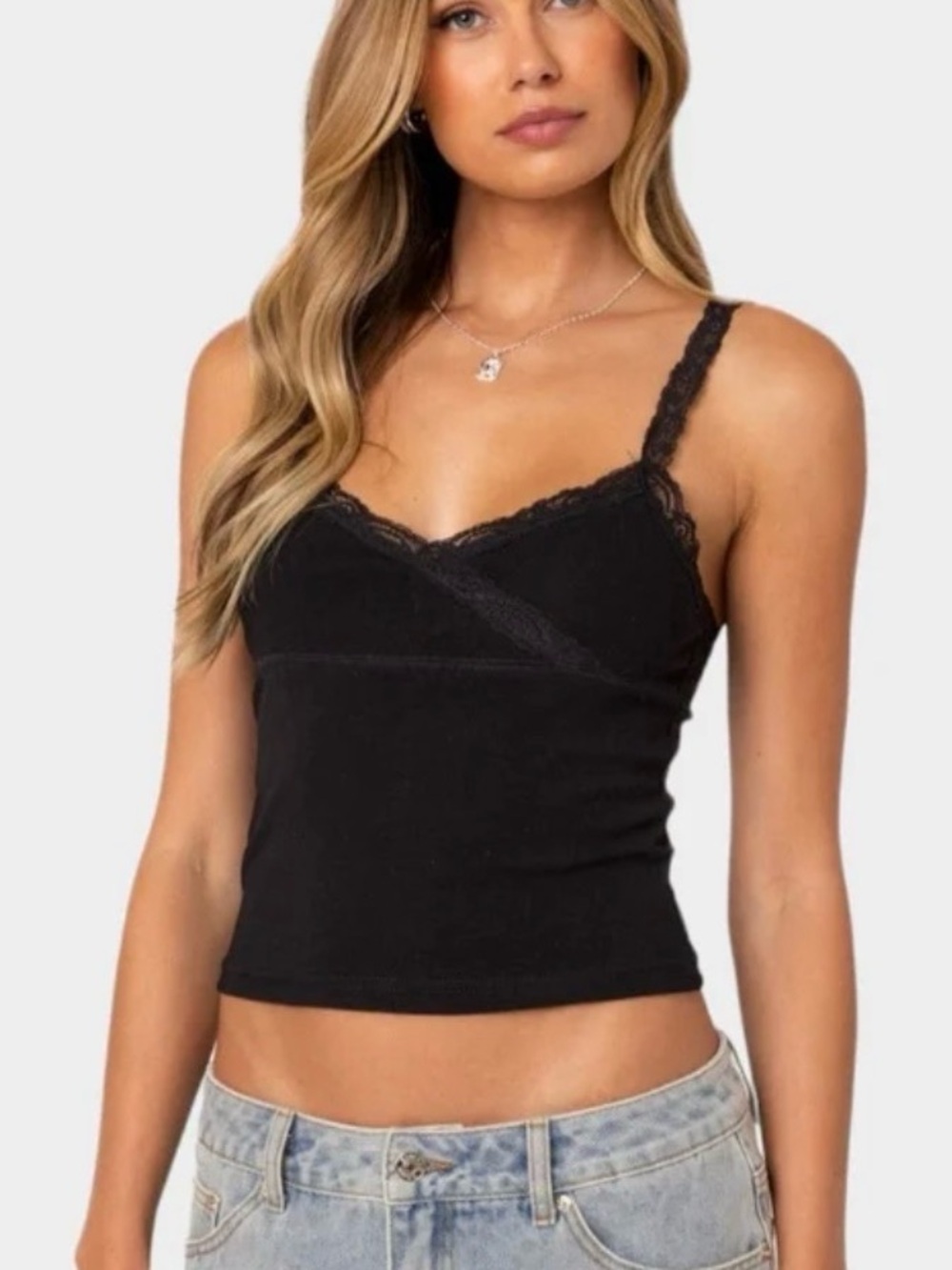 Edikted Women's S Amilia Lace Trim Tank Top Black V-Neck Spaghetti Strap NWOT